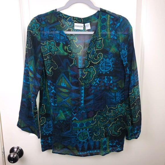 Chico’s V Neck Sheer Popover Blouse Blue Green S - Picture 13 of 13